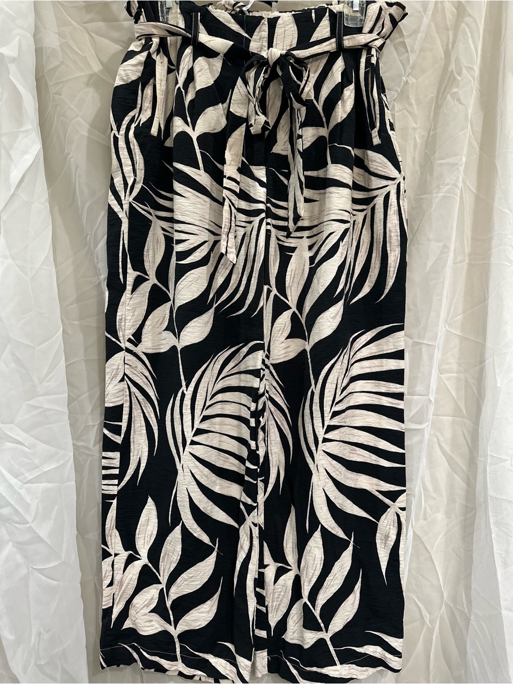 Mango MNG Black and Off-White Tropical Print Sarong Paper Bag Waist Pants